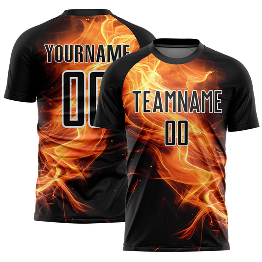Custom Black Gold-White Flame Sublimation Soccer Uniform Jersey - Main View