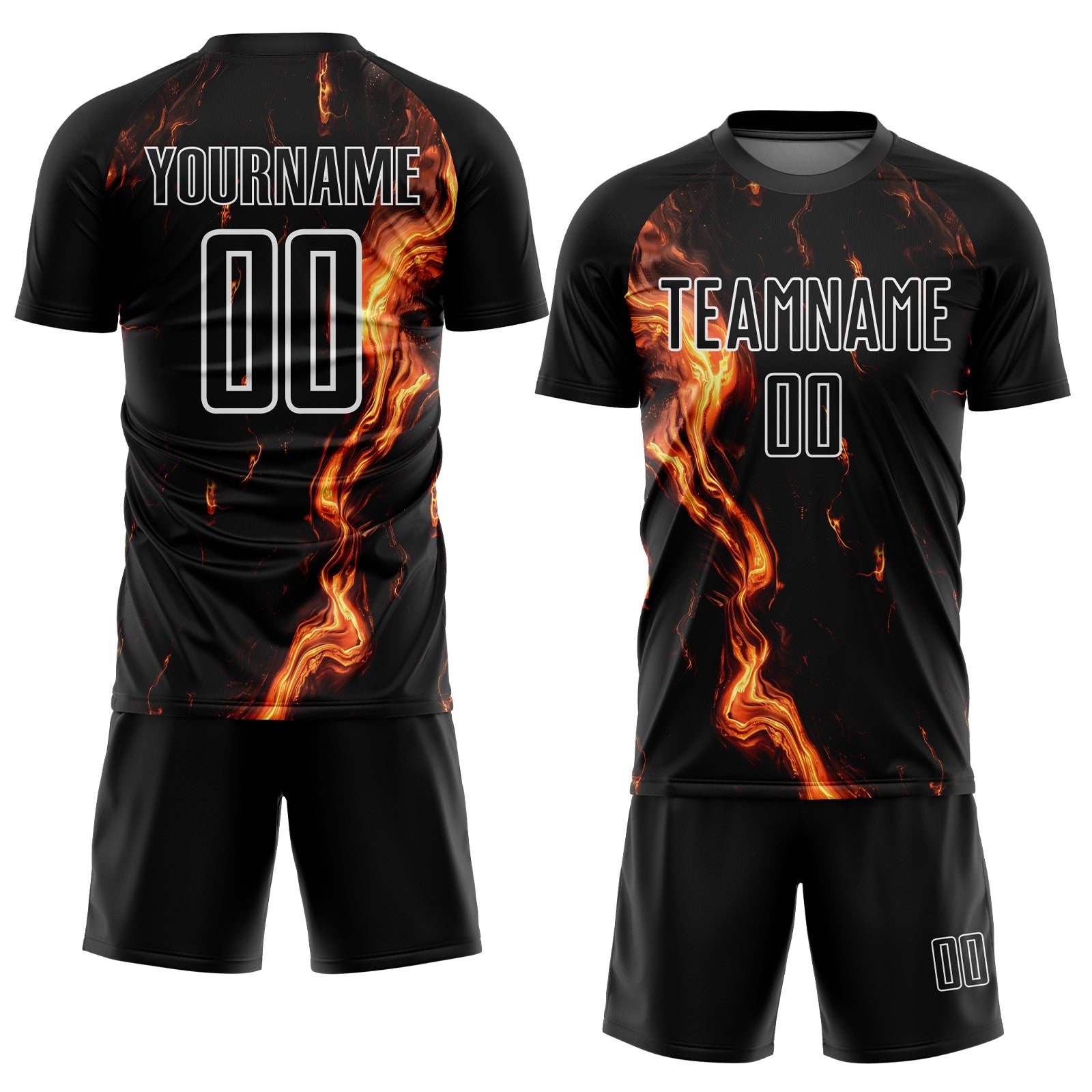 Custom Black Gold-White Flame Sublimation Soccer Uniform Jersey view 2