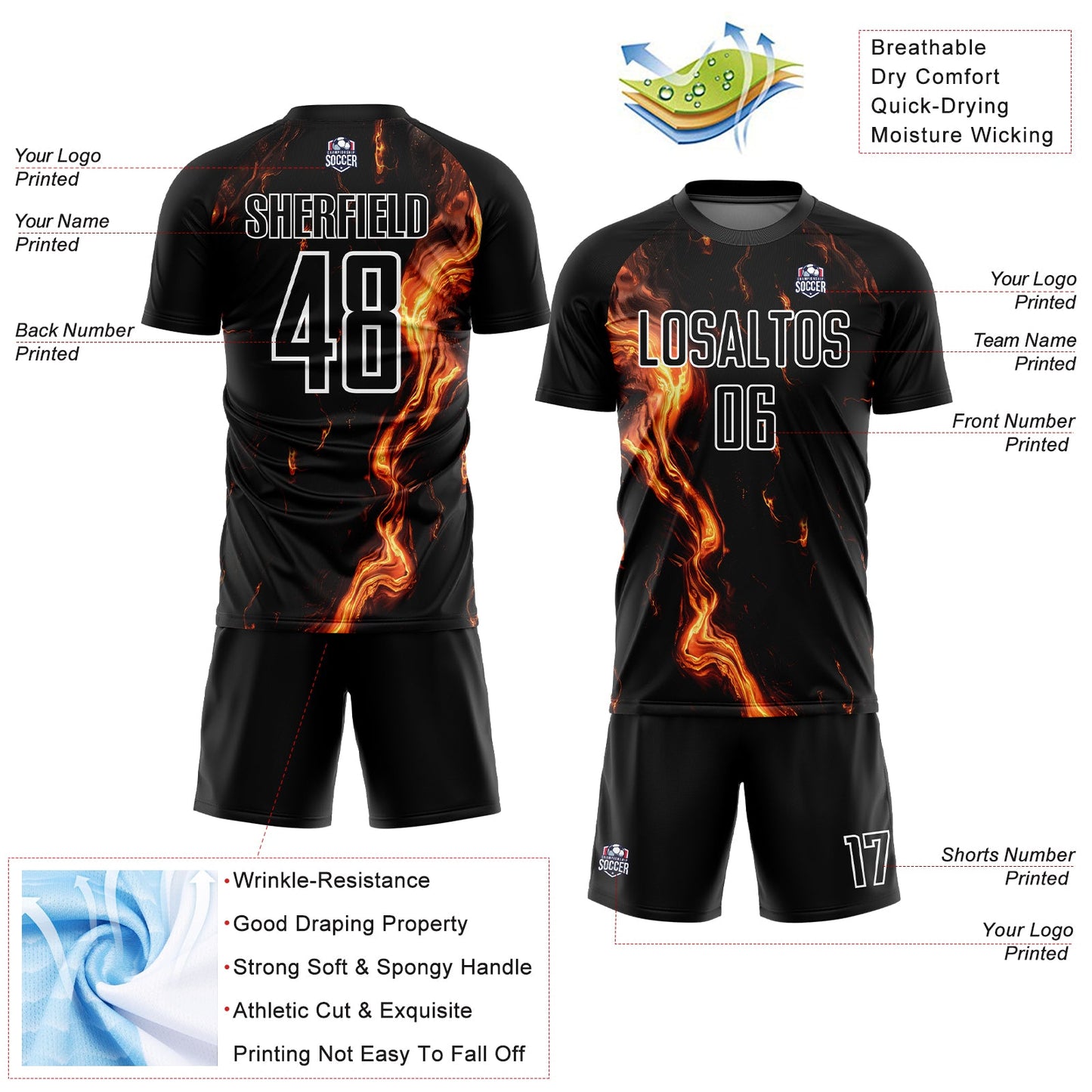 Custom Black Gold-White Flame Sublimation Soccer Uniform Jersey view 4