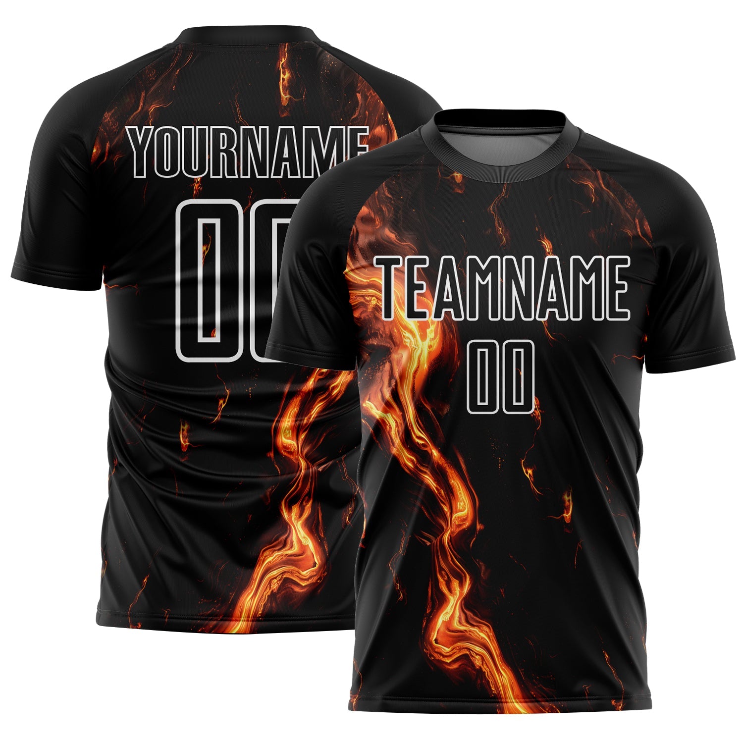 Custom Black Gold-White Flame Sublimation Soccer Uniform Jersey - Main View