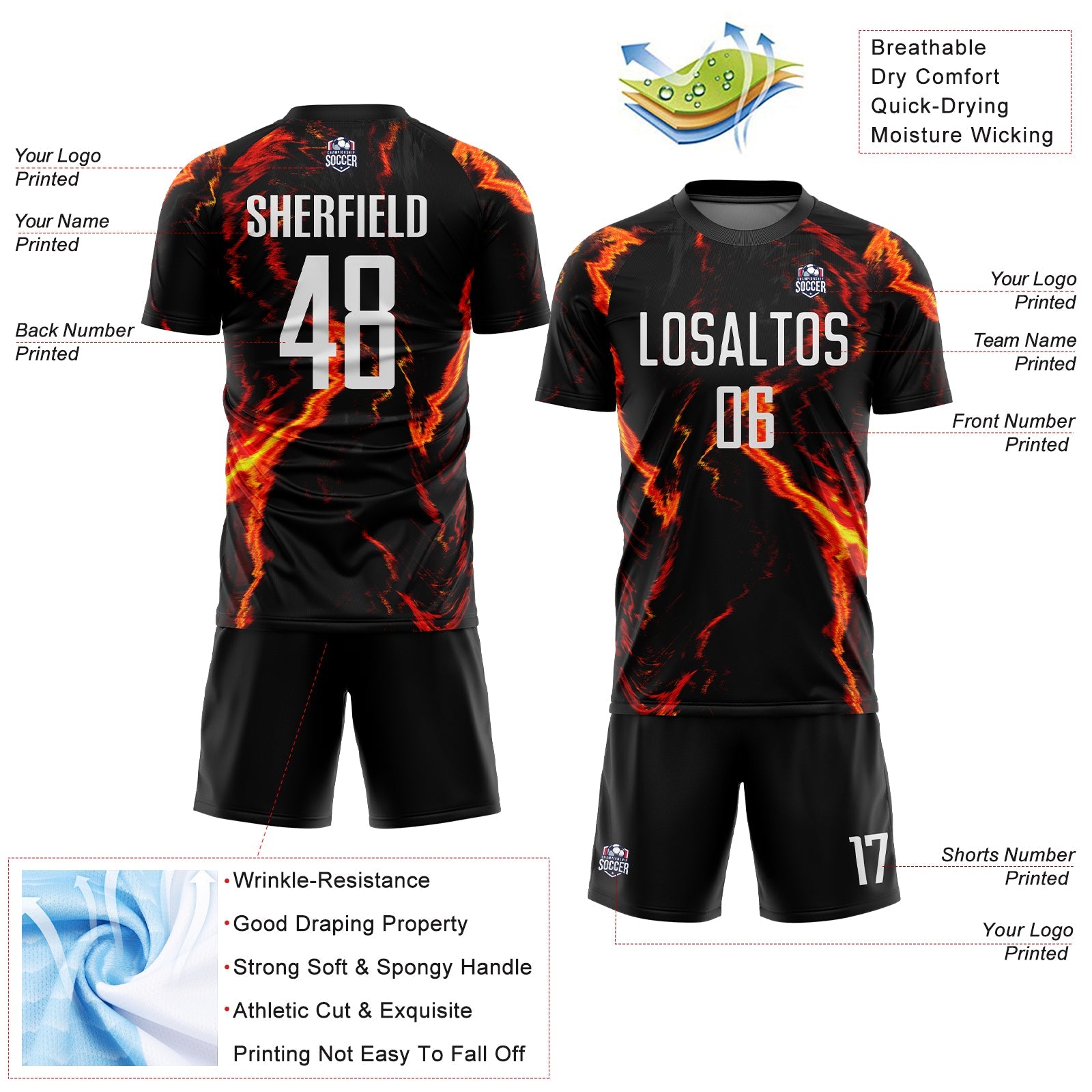 Custom Black White-Gold Flame Sublimation Soccer Uniform Jersey view 4