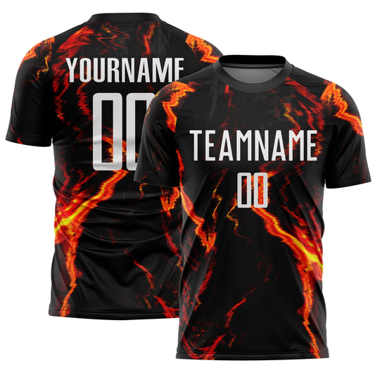 Custom Black White-Gold Flame Sublimation Soccer Uniform Jersey - Main View