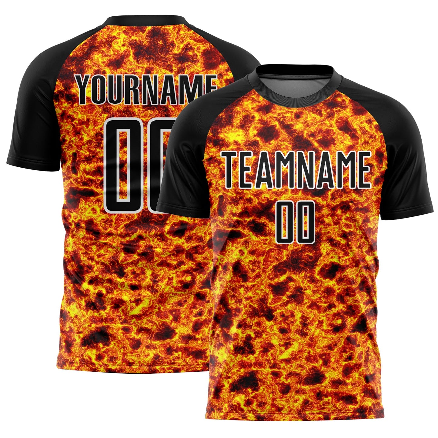 Custom Black Gold-White Flame Sublimation Soccer Uniform Jersey - Main View