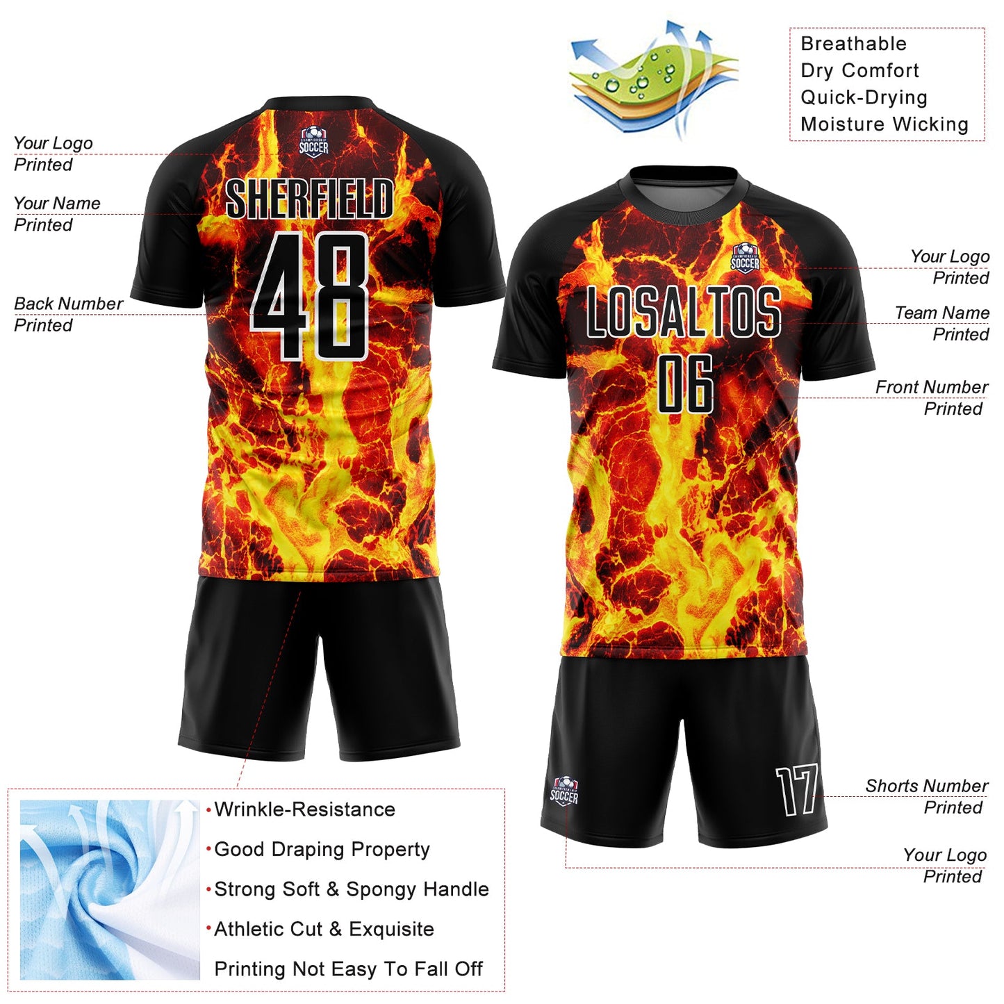 Custom Black Gold-White Flame Sublimation Soccer Uniform Jersey view 4