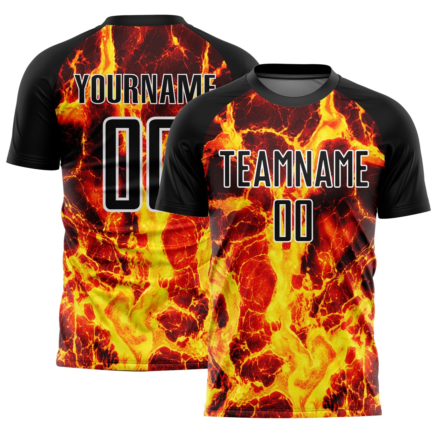 Custom Black Gold-White Flame Sublimation Soccer Uniform Jersey - Main View