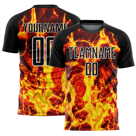 Custom Black Gold-White Flame Sublimation Soccer Uniform Jersey - Main View