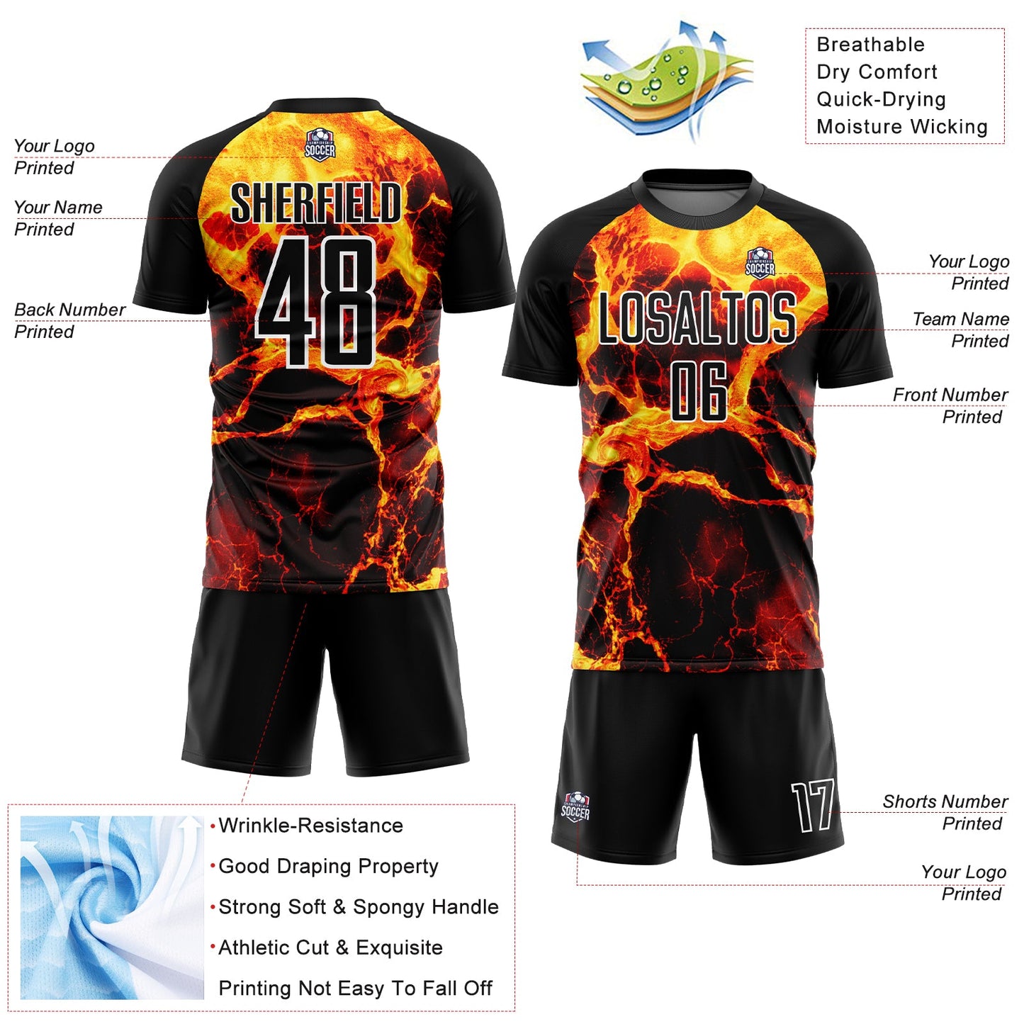 Custom Black Gold-White Flame Sublimation Soccer Uniform Jersey view 4