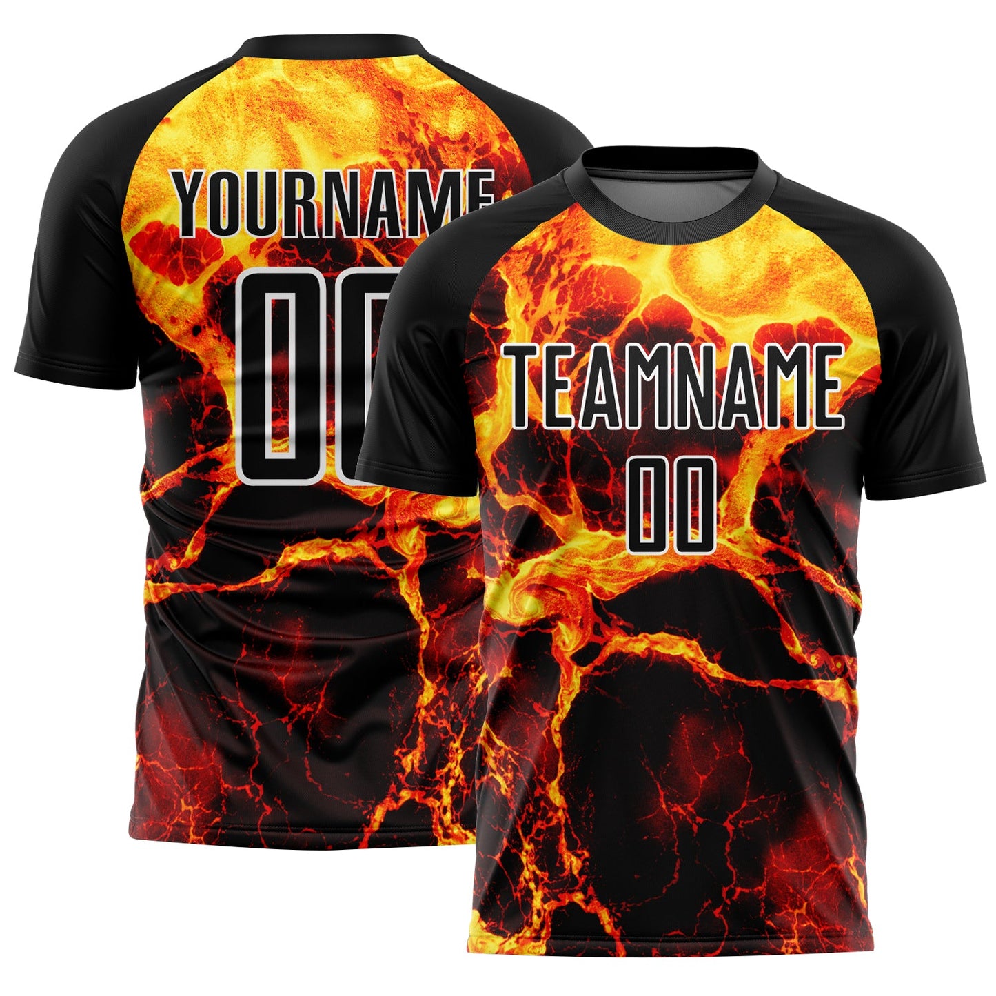 Custom Black Gold-White Flame Sublimation Soccer Uniform Jersey - Main View
