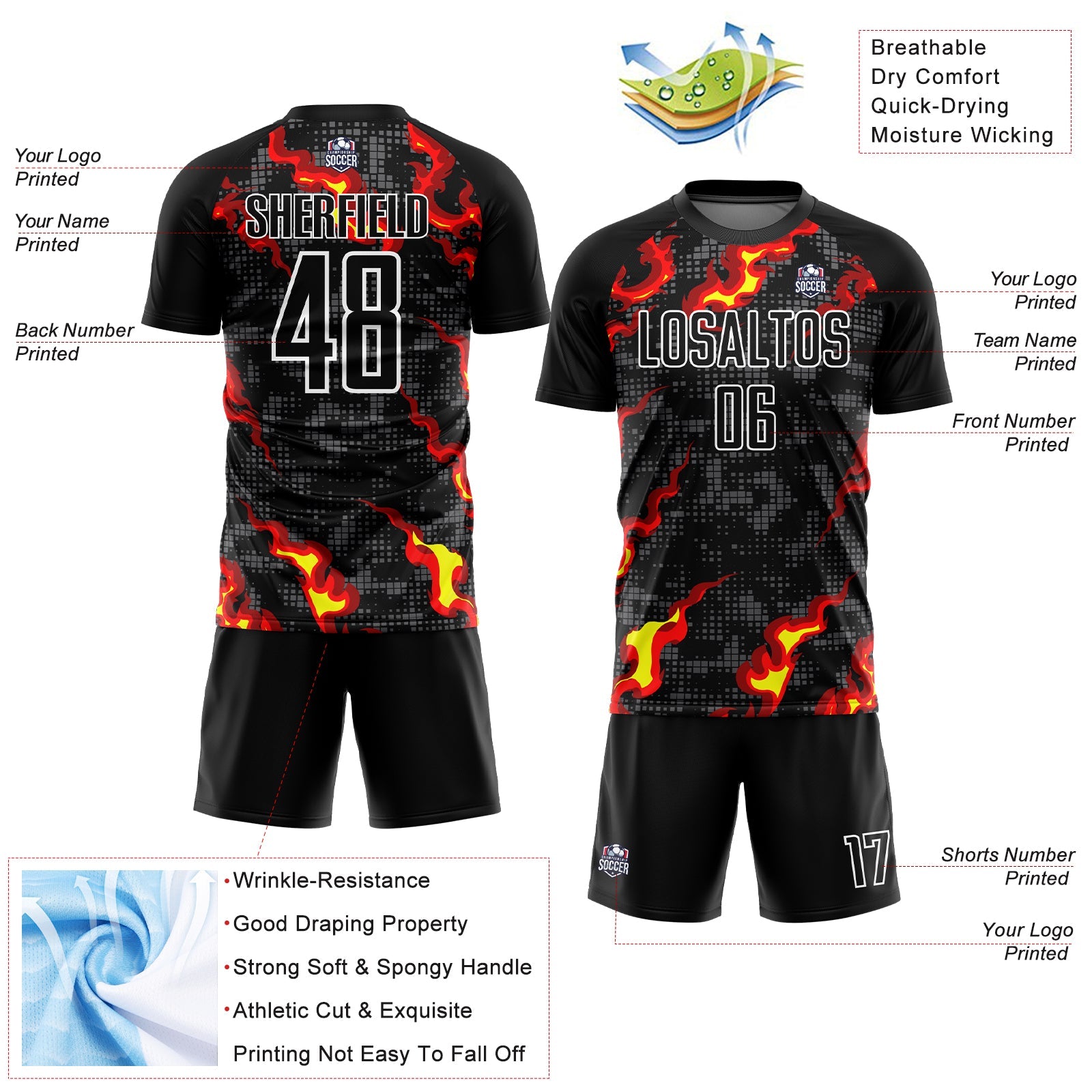 Custom Black Gray Red-Gold Flame Sublimation Soccer Uniform Jersey view 4