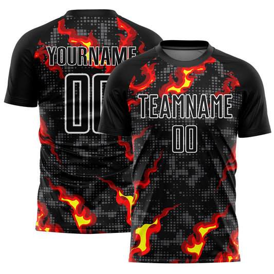 Custom Black Gray Red-Gold Flame Sublimation Soccer Uniform Jersey - Main View