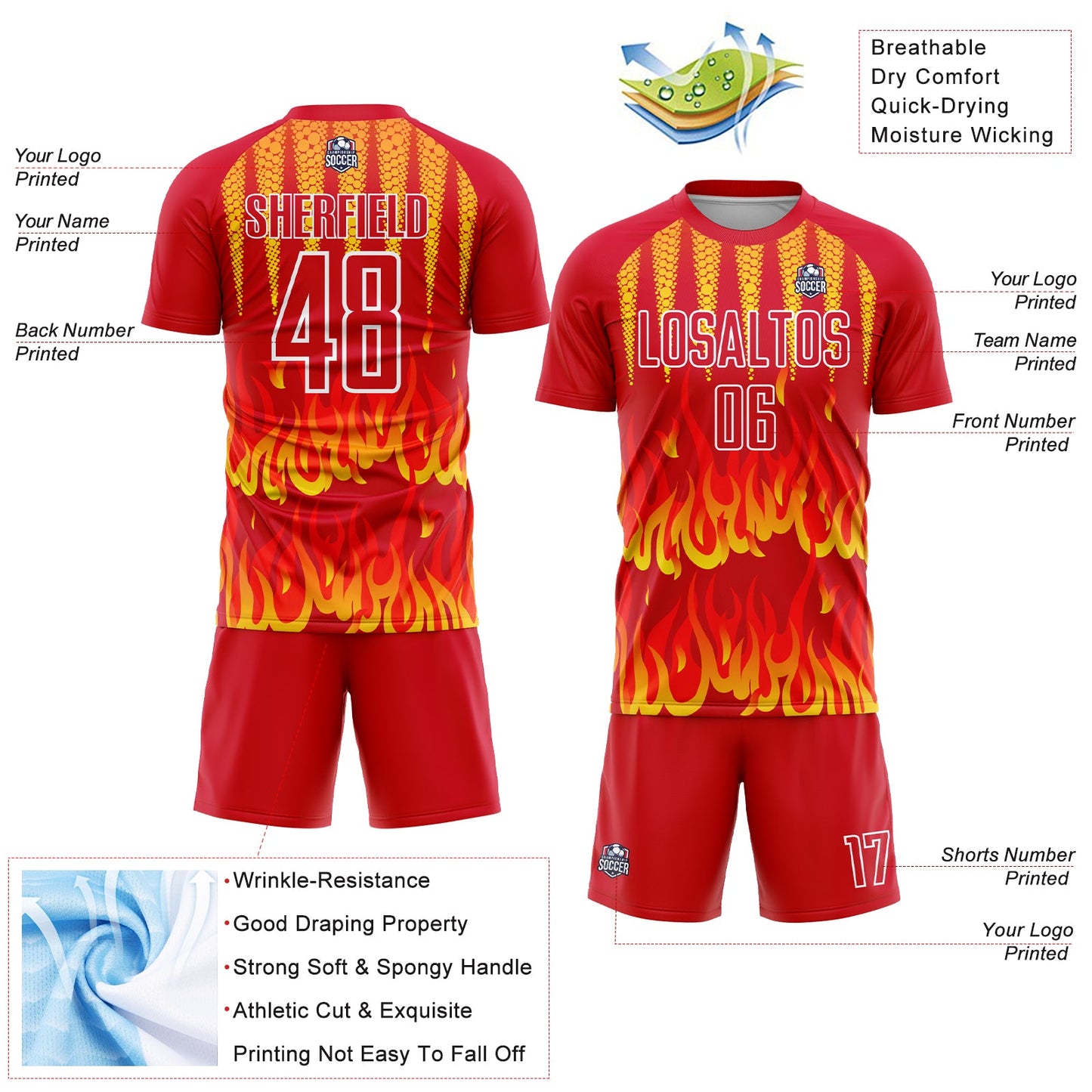 Custom Red Yellow-White Flame Sublimation Soccer Uniform Jersey view 4