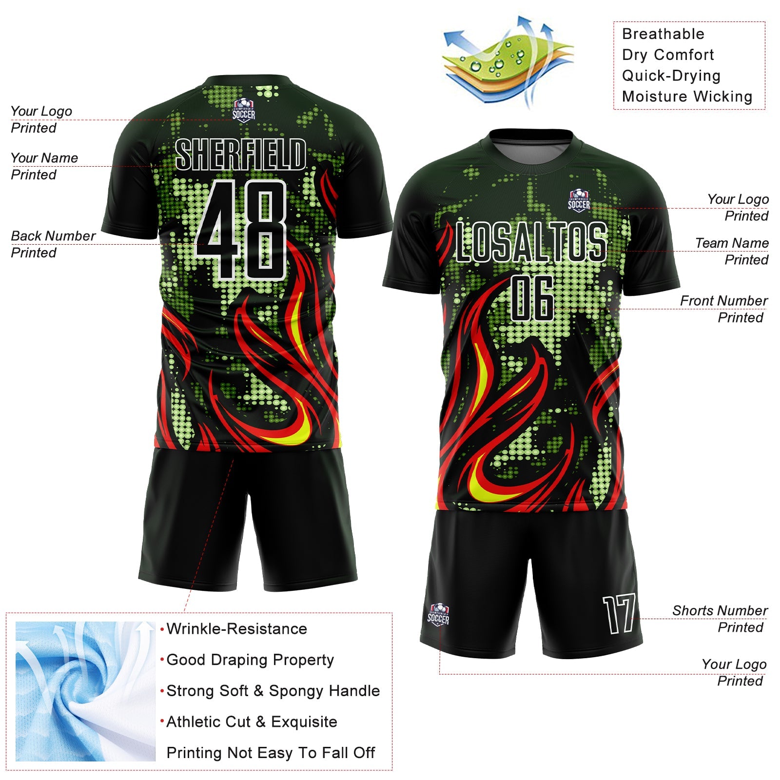 Custom Olive Red-Gold Flame Sublimation Salute To Service Soccer Uniform Jersey view 4