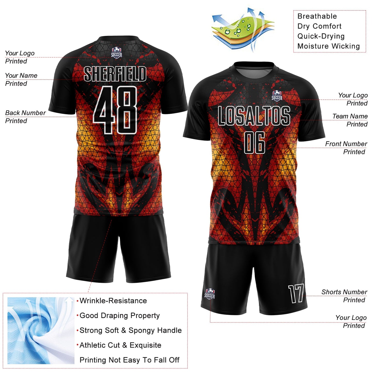 Custom Black Red-Gold Flame Sublimation Soccer Uniform Jersey view 4