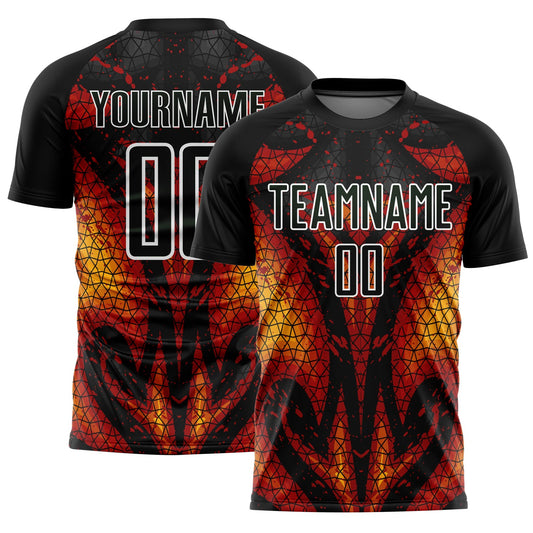 Custom Black Red-Gold Flame Sublimation Soccer Uniform Jersey - Main View