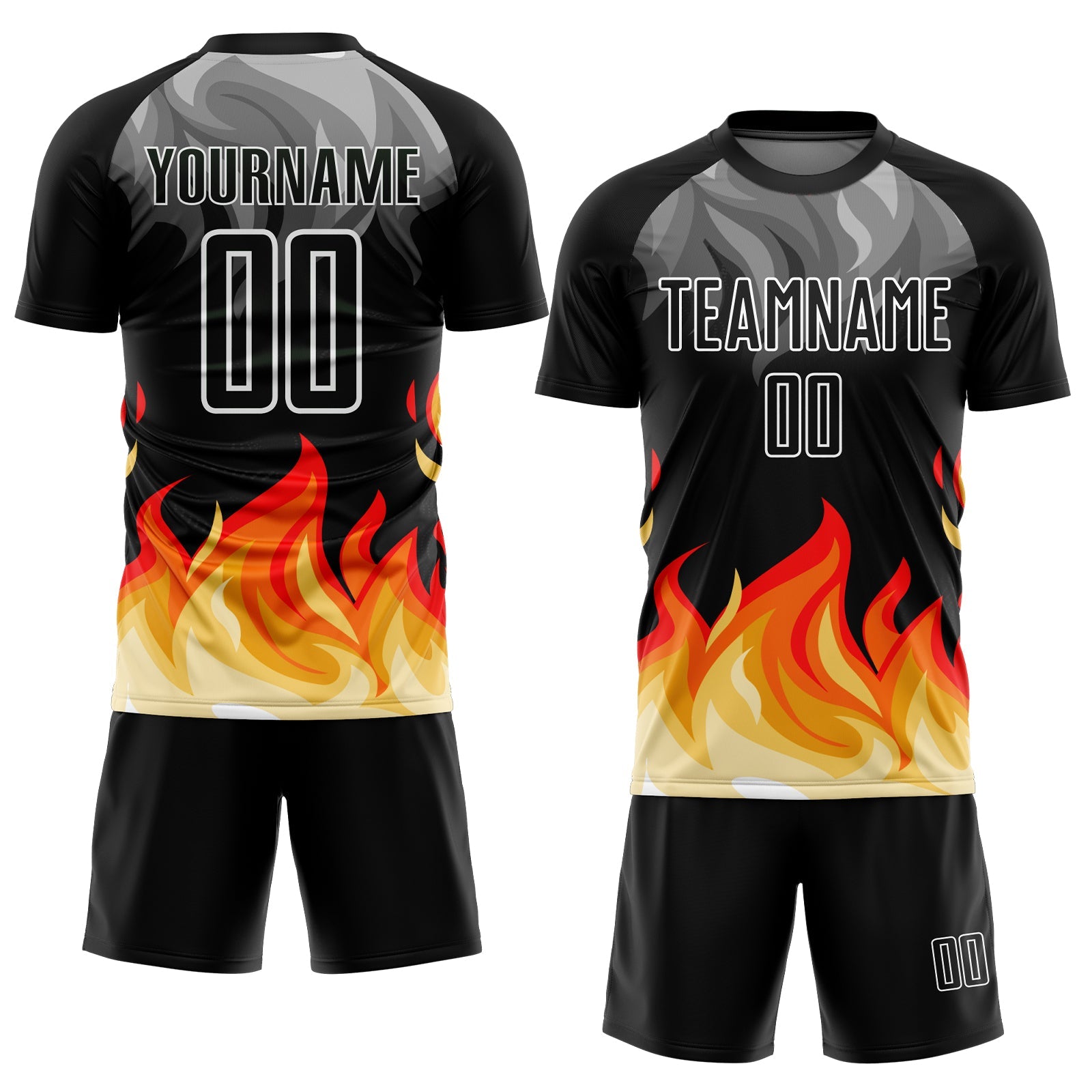 Custom Black Gray Red-Gold Flame Sublimation Soccer Uniform Jersey view 2