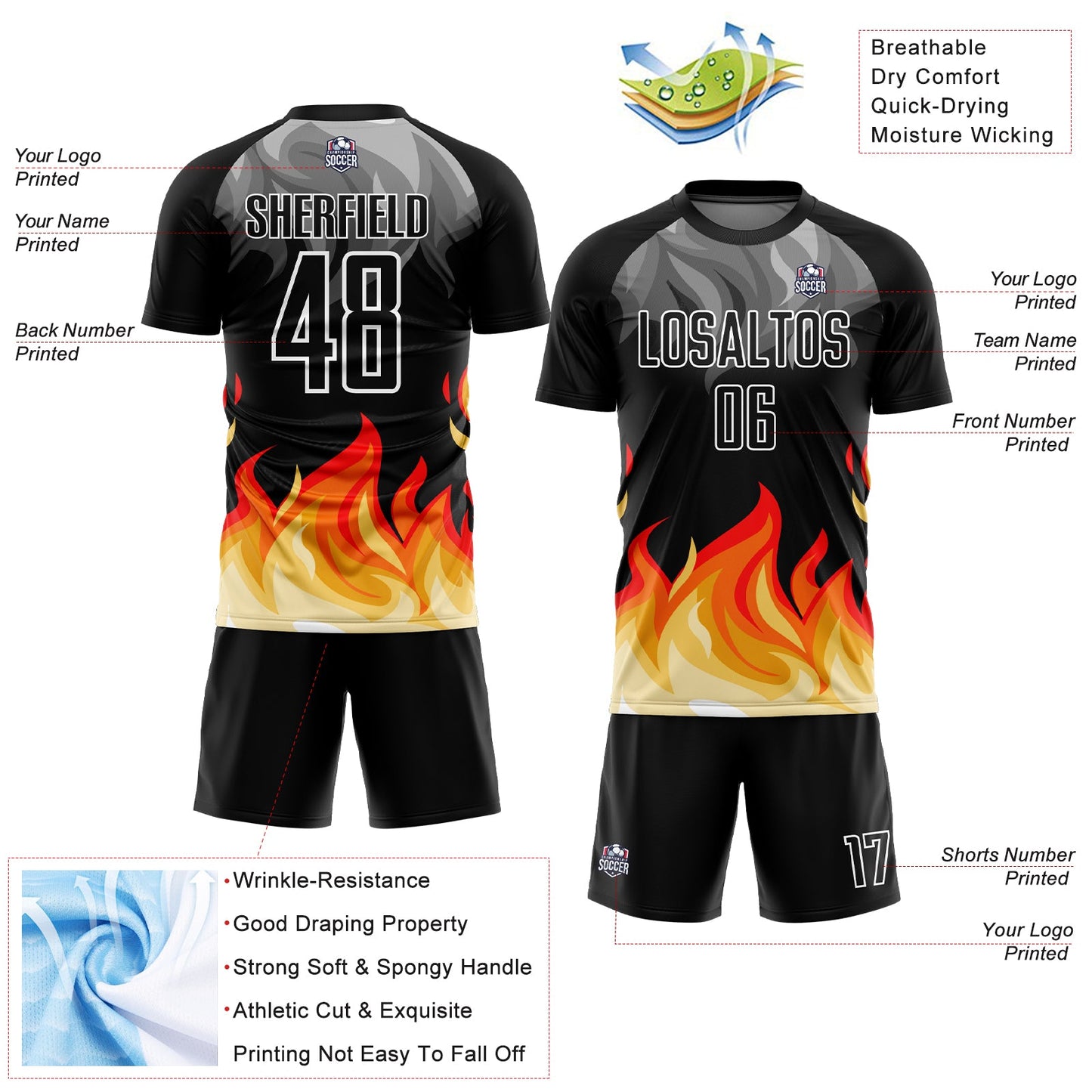 Custom Black Gray Red-Gold Flame Sublimation Soccer Uniform Jersey view 4