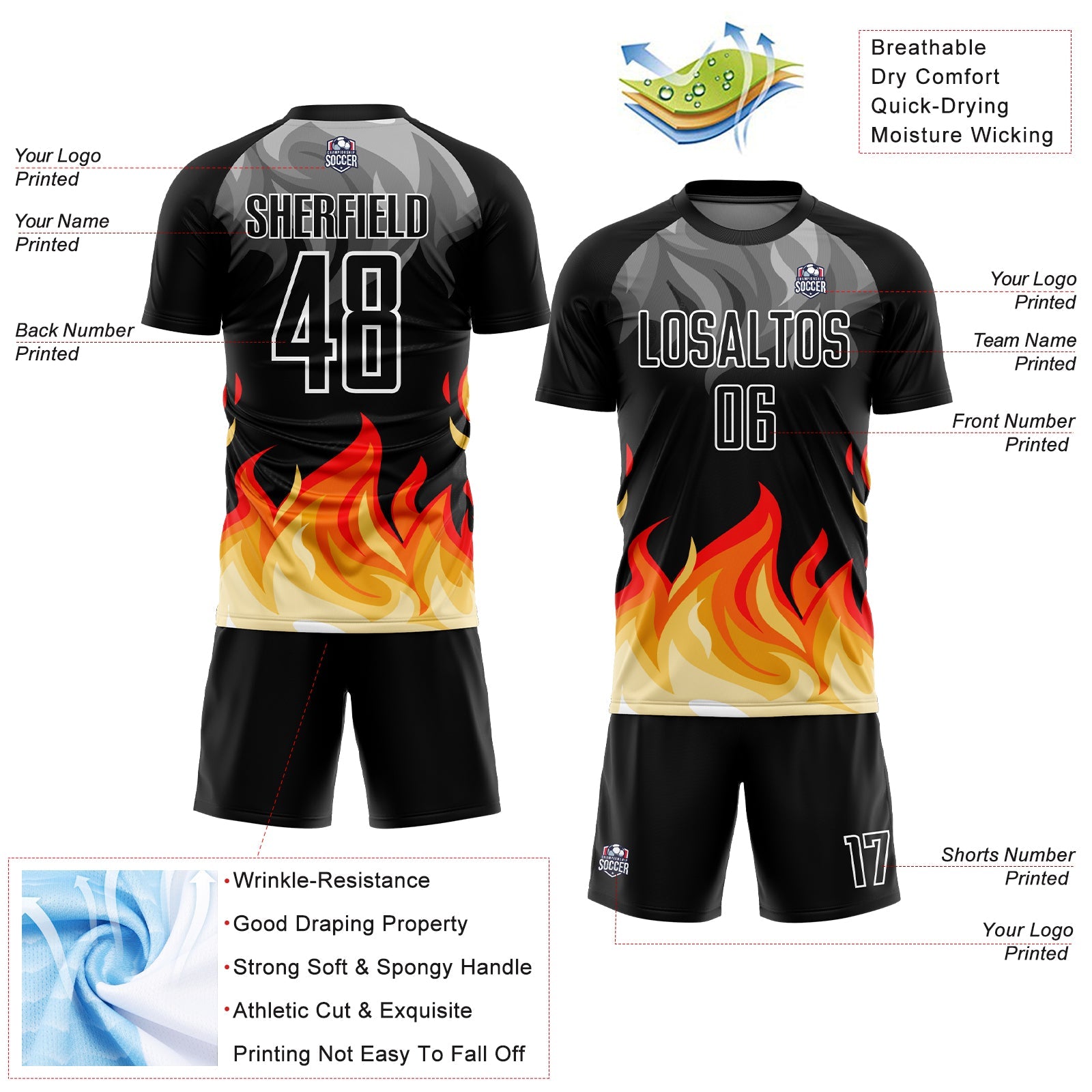 Custom Black Gray Red-Gold Flame Sublimation Soccer Uniform Jersey view 4