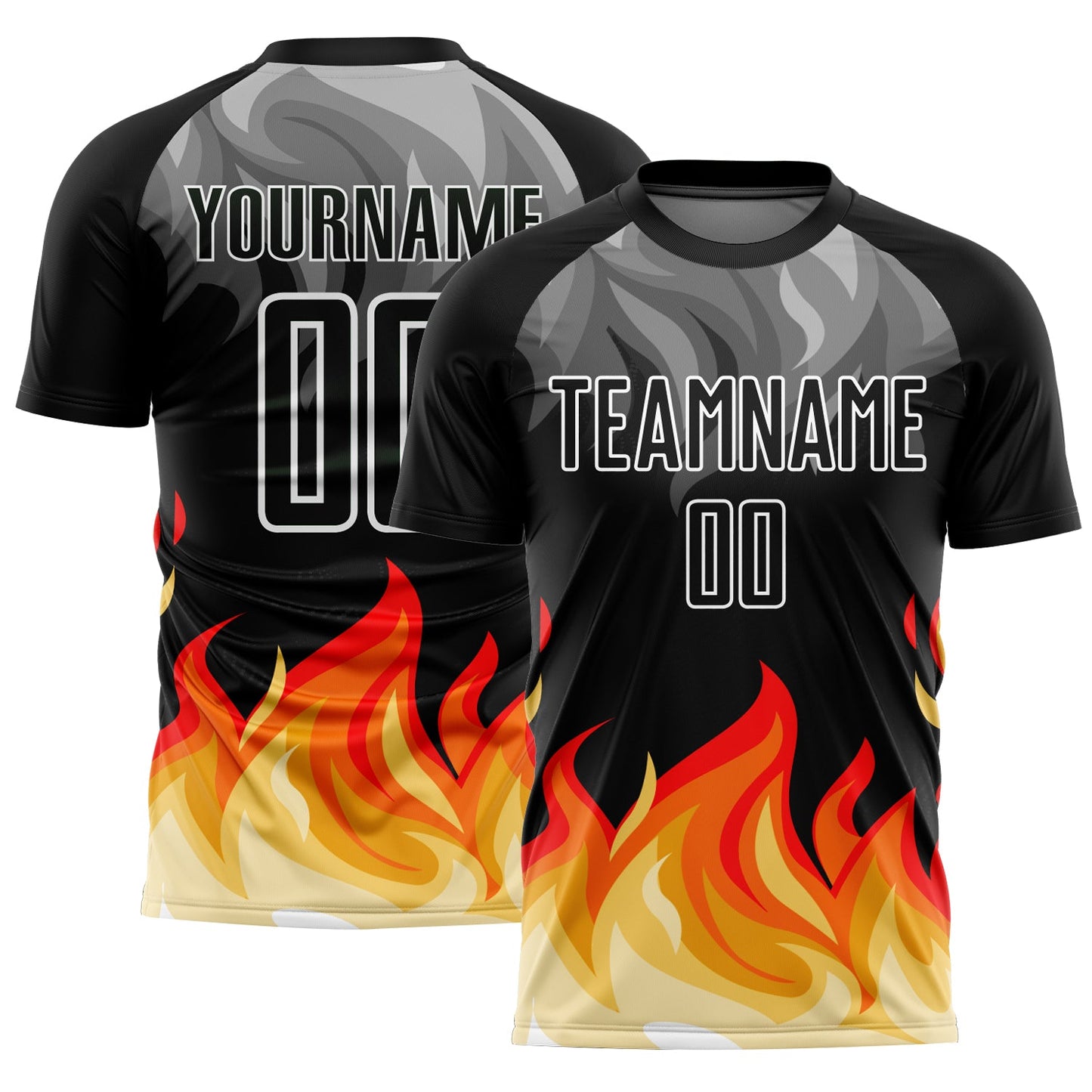 Custom Black Gray Red-Gold Flame Sublimation Soccer Uniform Jersey - Main View