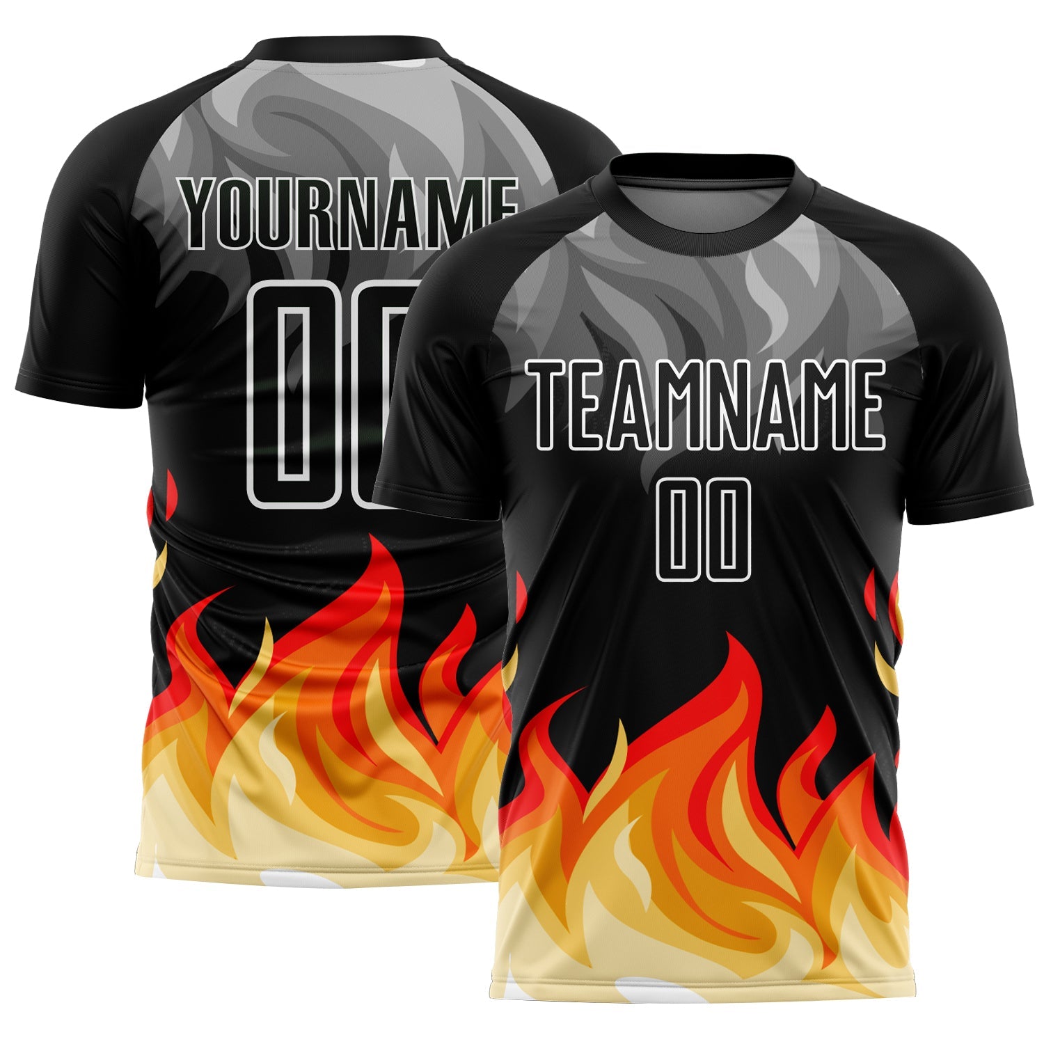 Custom Black Gray Red-Gold Flame Sublimation Soccer Uniform Jersey - Main View