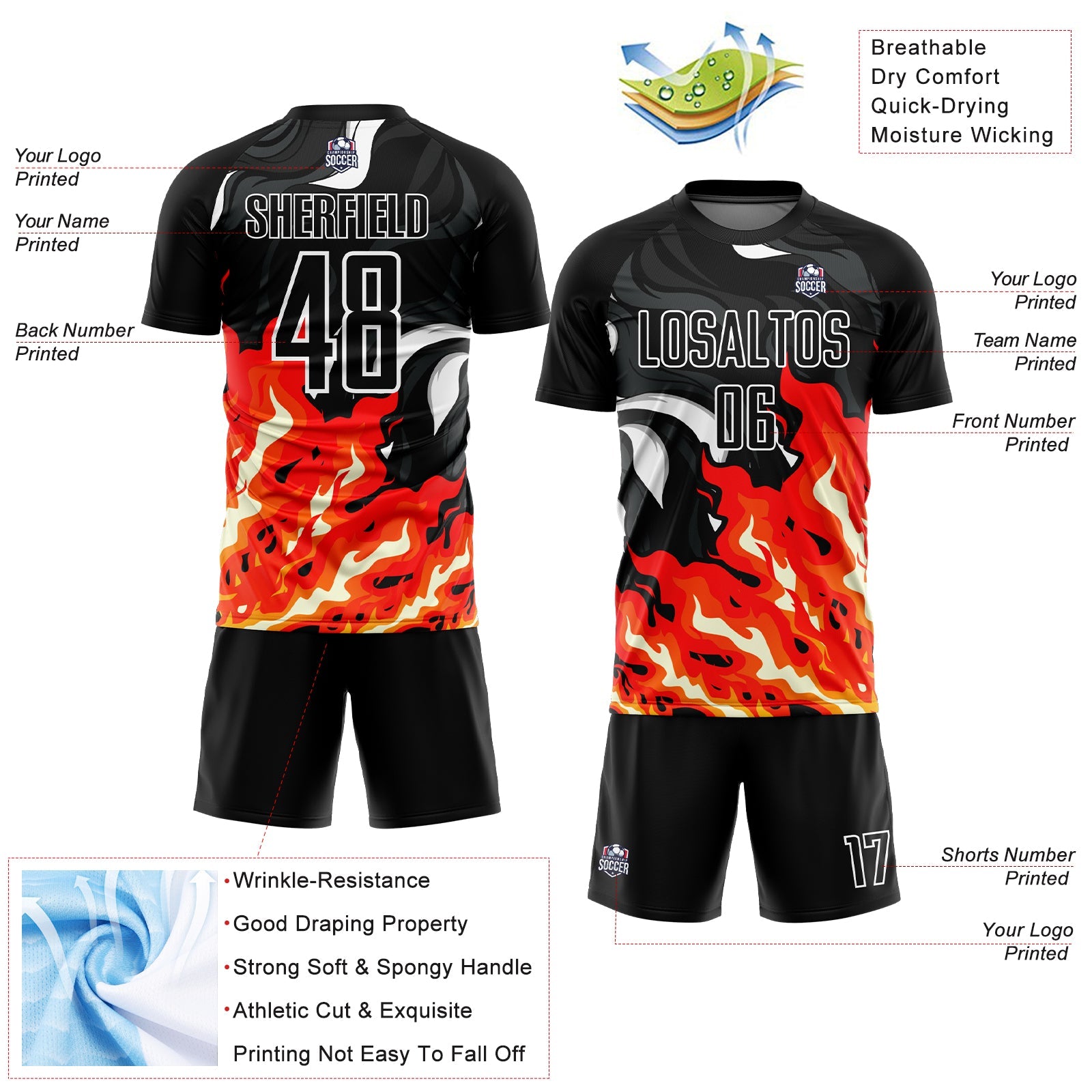 Custom Black Red-Orange Flame Sublimation Soccer Uniform Jersey view 4