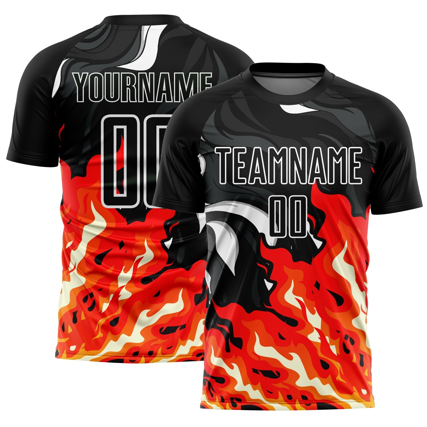Custom Black Red-Orange Flame Sublimation Soccer Uniform Jersey - Main View