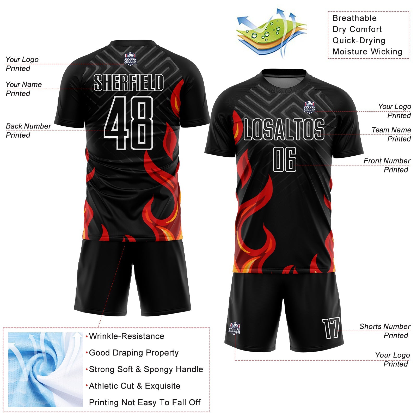 Custom Black Red-Gold Flame Sublimation Soccer Uniform Jersey view 4