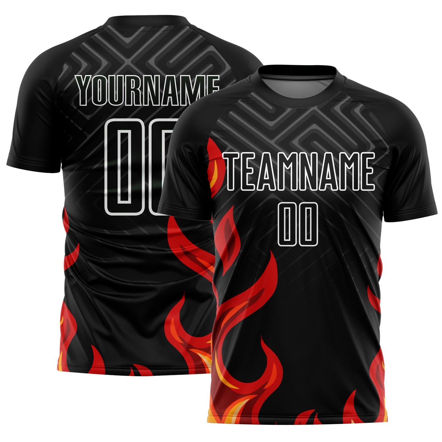 Custom Black Red-Gold Flame Sublimation Soccer Uniform Jersey - Main View