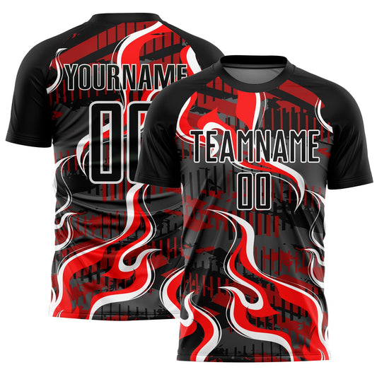 Custom Black Red-White Flame Sublimation Soccer Uniform Jersey - Main View