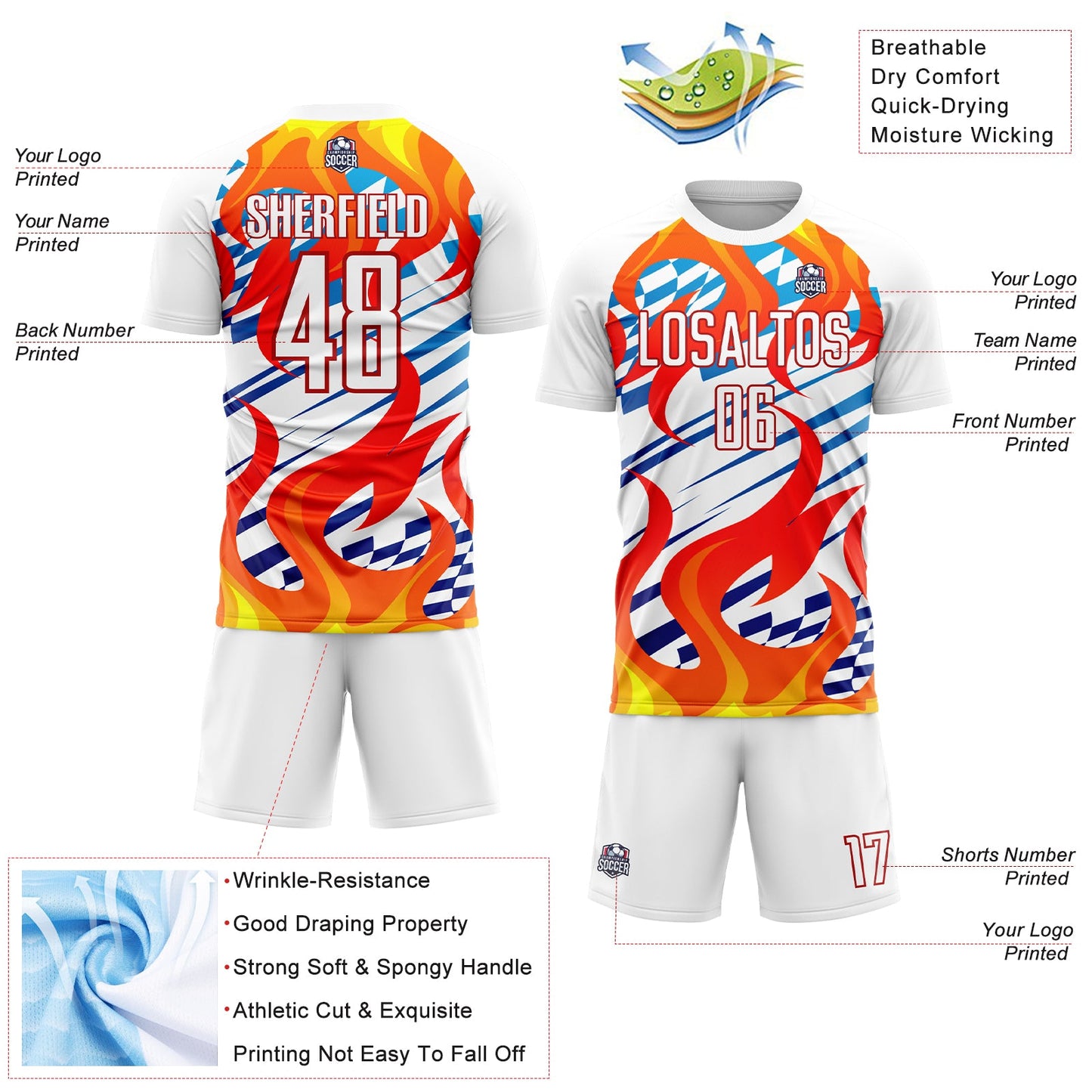Custom White Red-Gold Flame Sublimation Soccer Uniform Jersey view 4