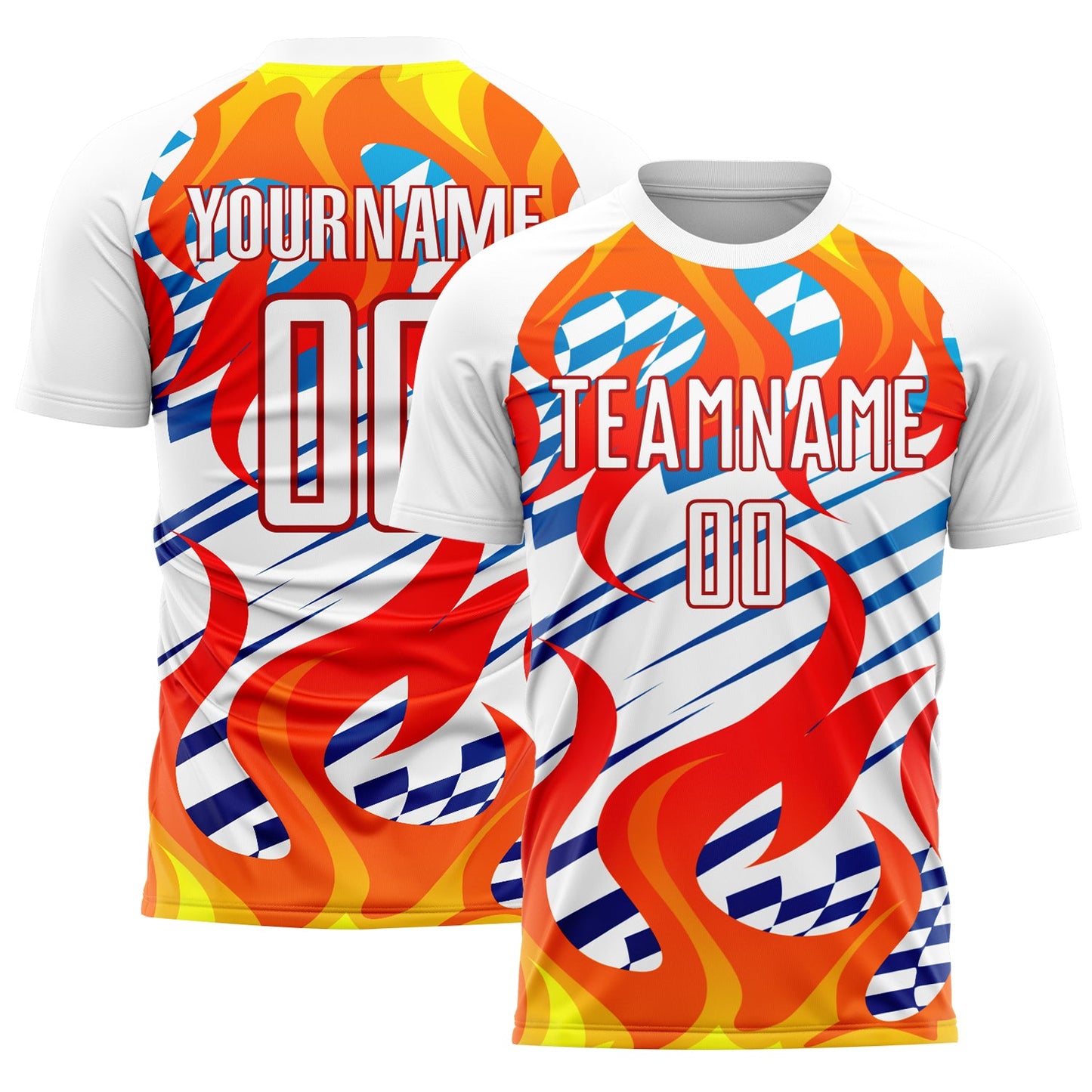 Custom White Red-Gold Flame Sublimation Soccer Uniform Jersey - Main View