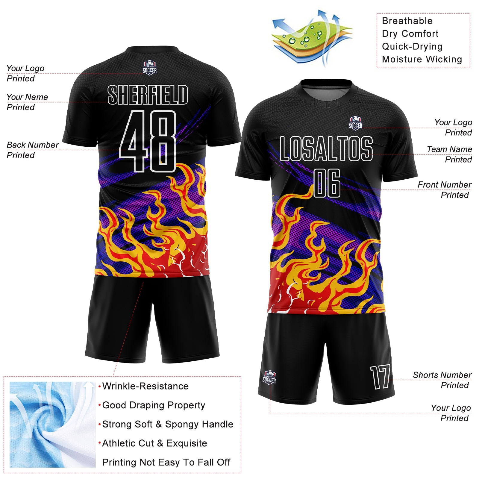 Custom Black Red-Purple Flame Sublimation Soccer Uniform Jersey view 4