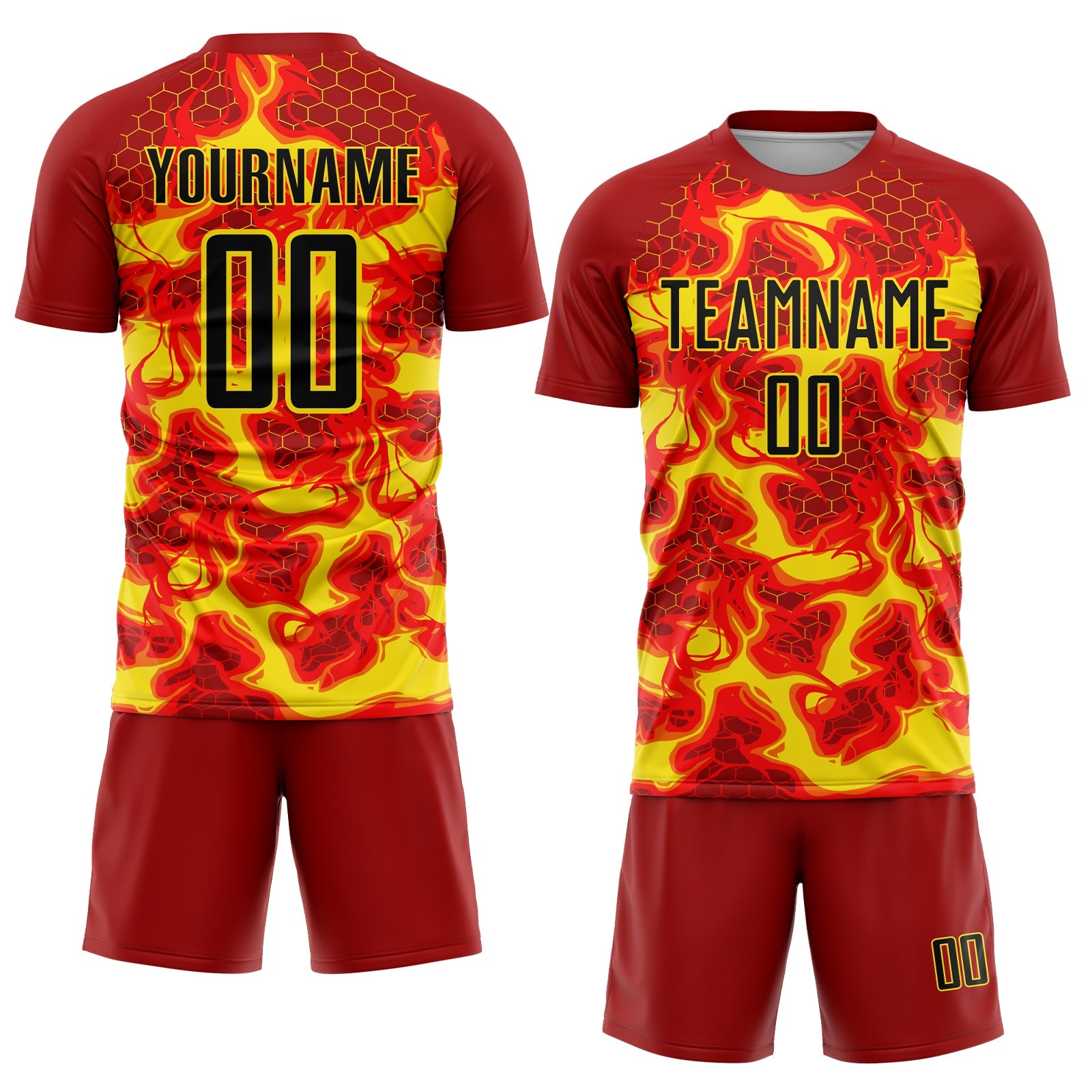 Custom Red Black-Light Yellow Flame Sublimation Soccer Uniform Jersey view 2