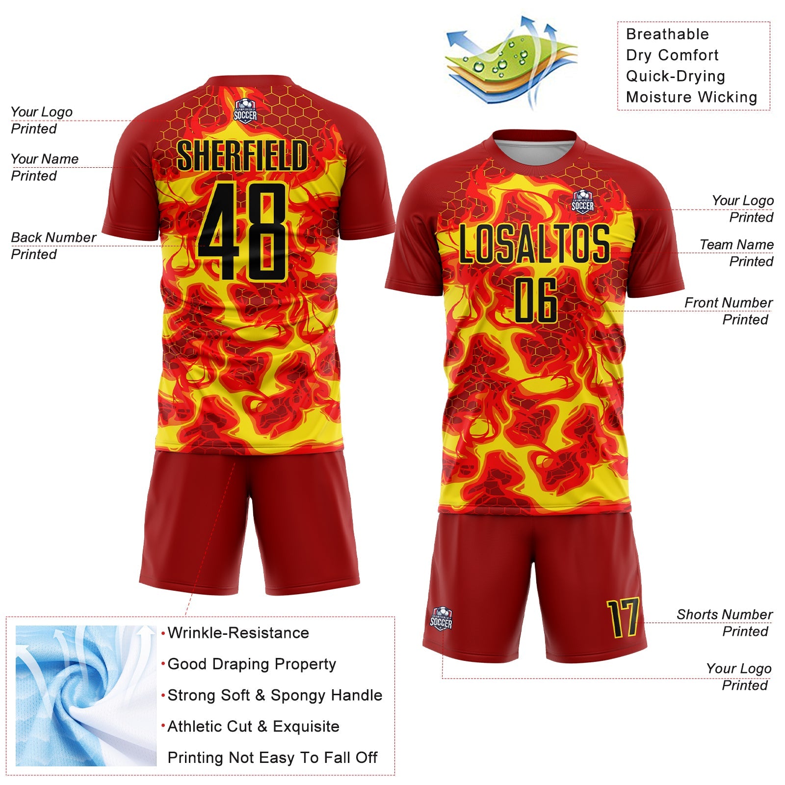 Custom Red Black-Light Yellow Flame Sublimation Soccer Uniform Jersey view 4