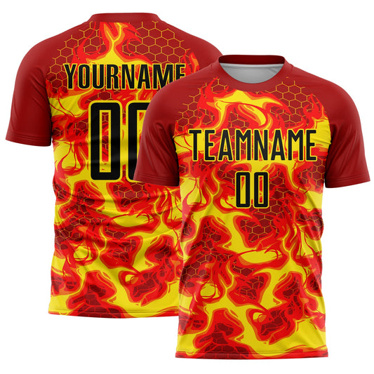 Custom Red Black-Light Yellow Flame Sublimation Soccer Uniform Jersey - Main View