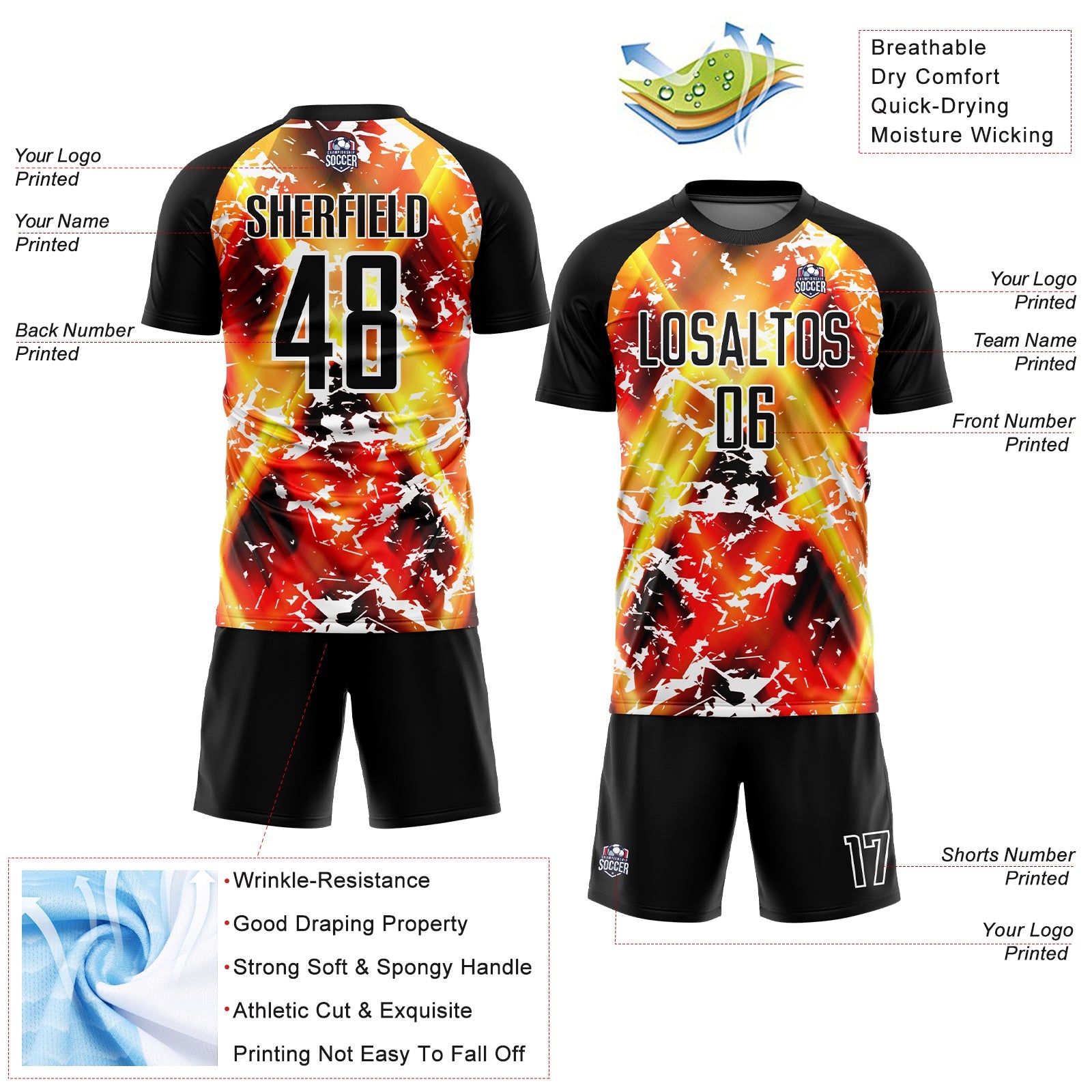 Custom Black Yellow-Red Flame Sublimation Soccer Uniform Jersey view 4