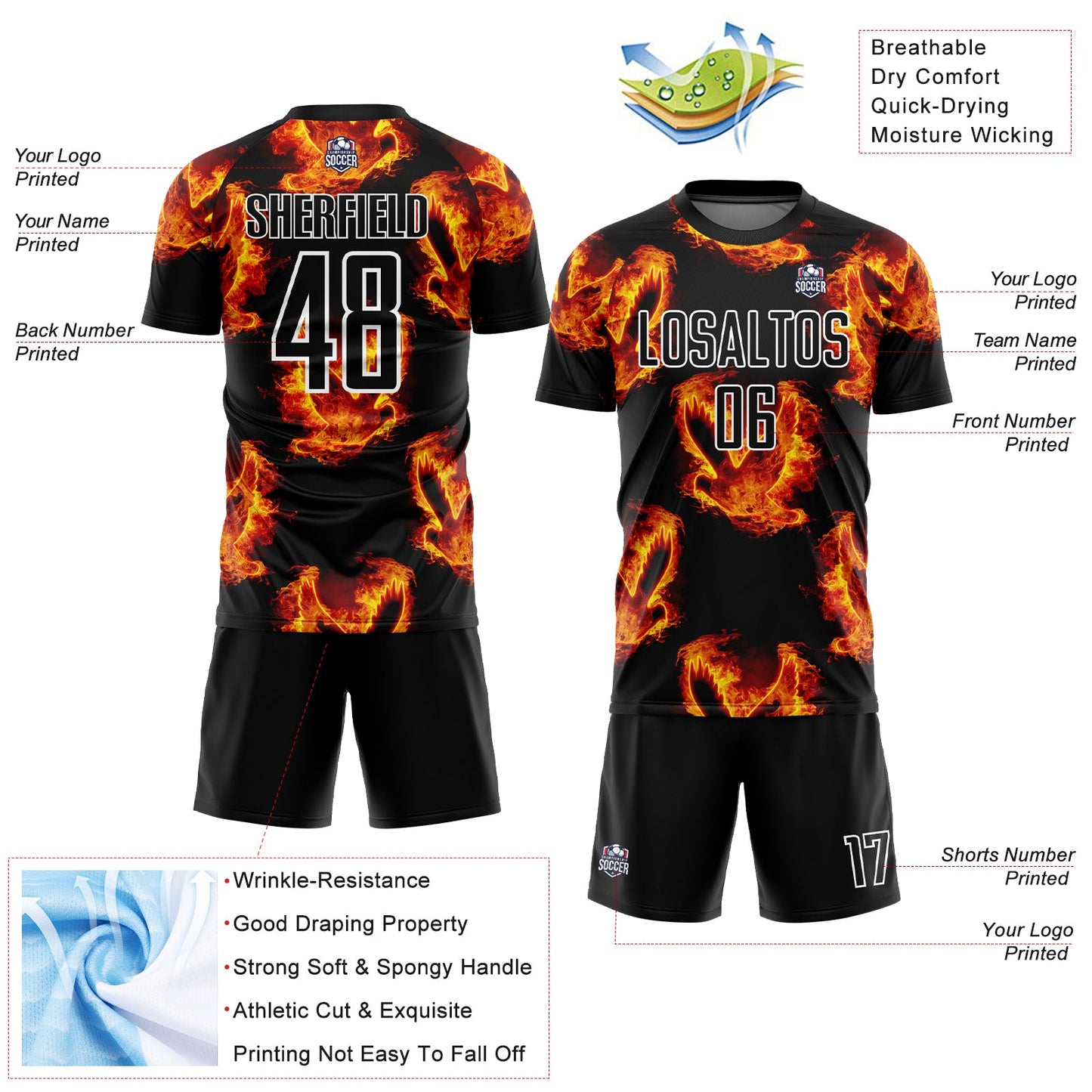 Custom Black Red-Gold Bird Flame Sublimation Soccer Uniform Jersey view 4