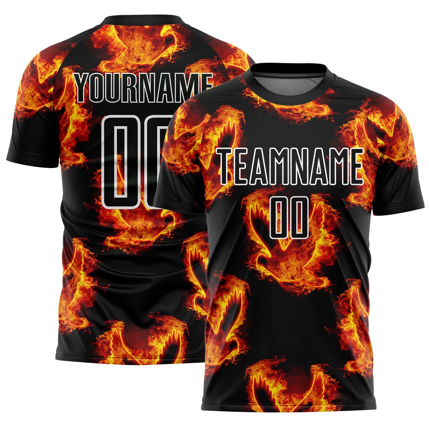 Custom Black Red-Gold Bird Flame Sublimation Soccer Uniform Jersey - Main View