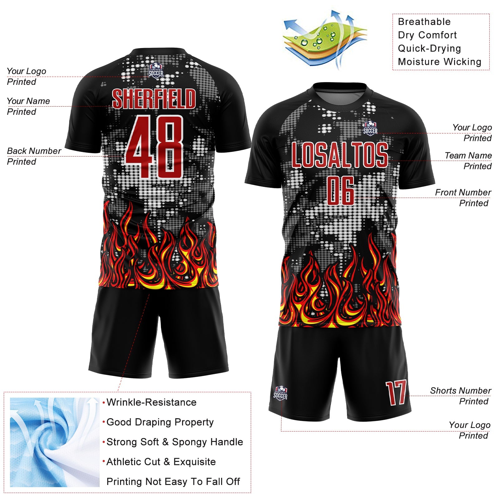 Custom Black Red Gold-Gray Flame Sublimation Soccer Uniform Jersey view 4