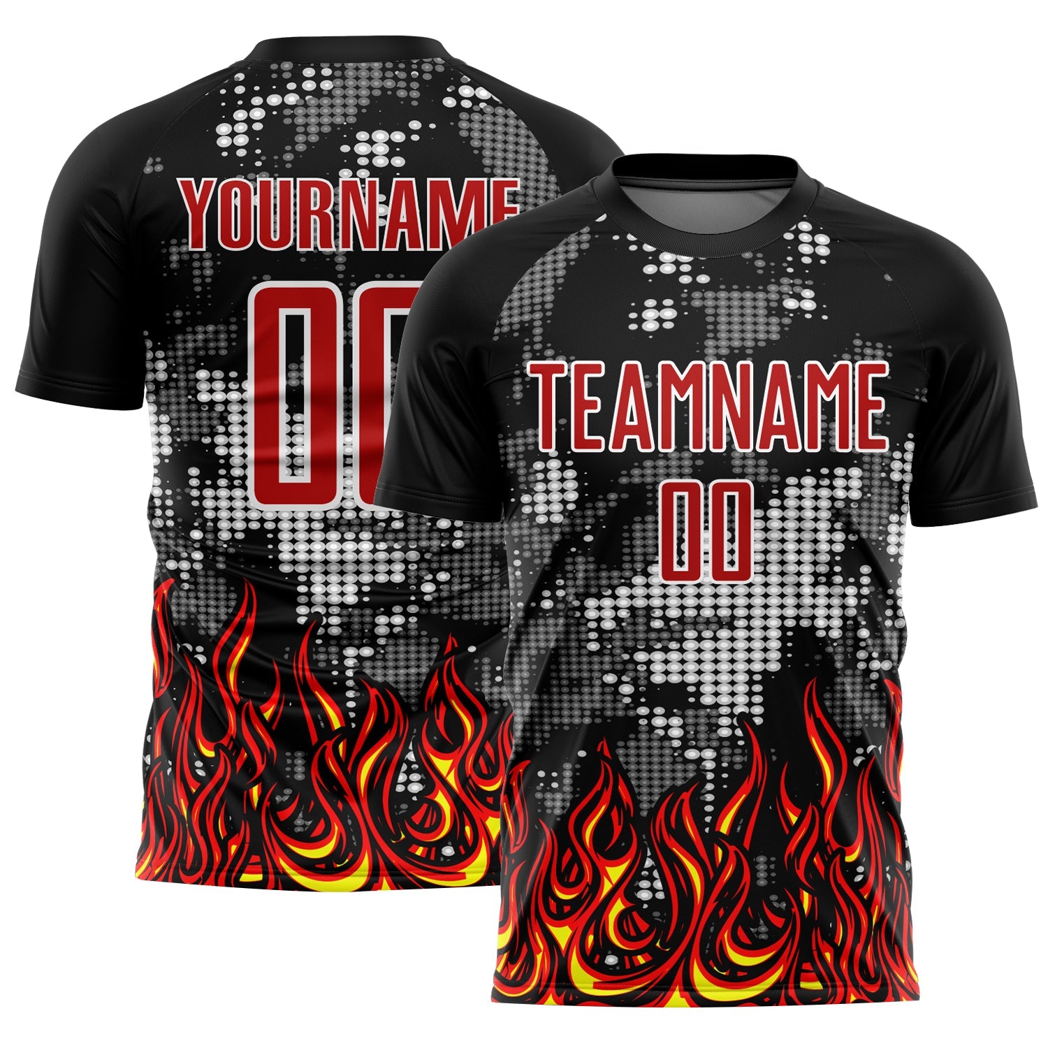 Custom Black Red Gold-Gray Flame Sublimation Soccer Uniform Jersey - Main View