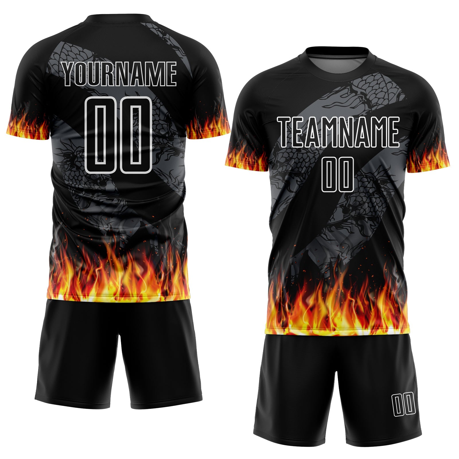 Custom Black Red-Gold Flame Sublimation Soccer Uniform Jersey view 2