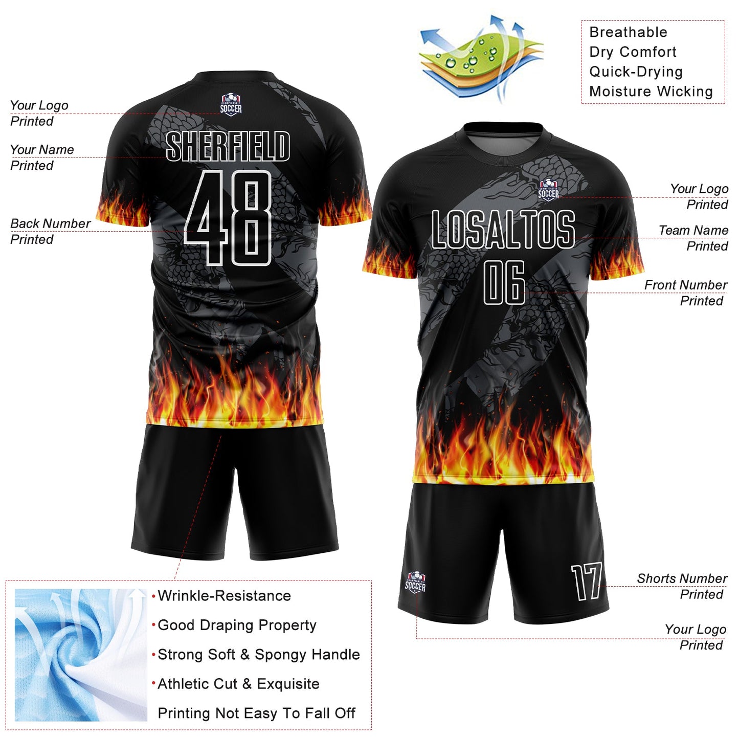 Custom Black Red-Gold Flame Sublimation Soccer Uniform Jersey view 4