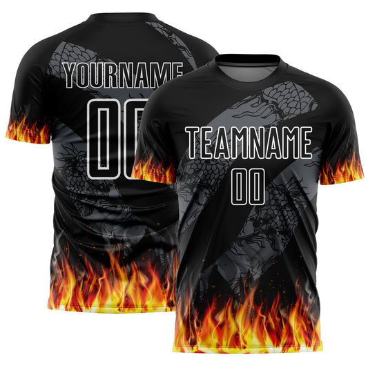 Custom Black Red-Gold Flame Sublimation Soccer Uniform Jersey - Main View