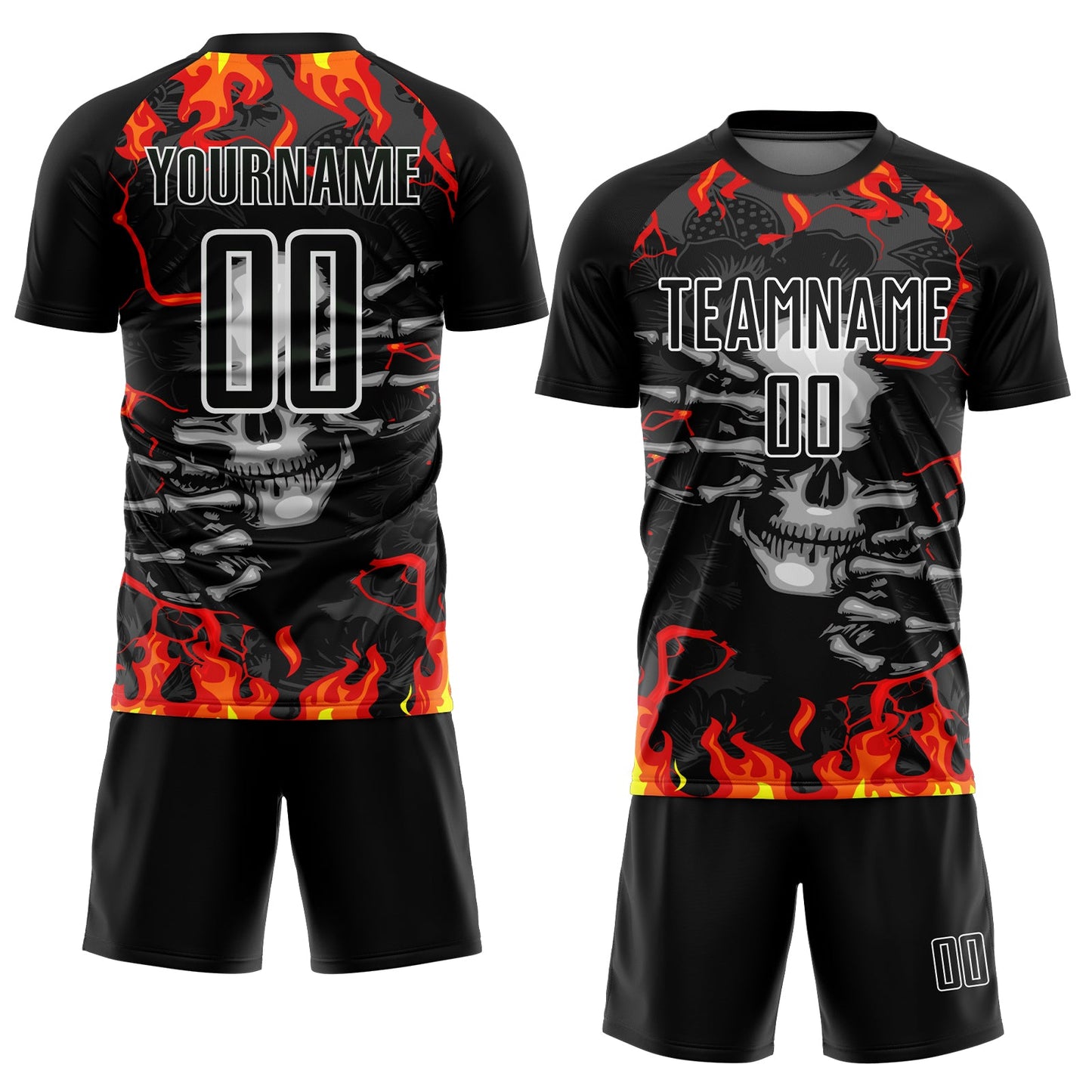 Custom Black Red-Gold Skull Flame Sublimation Soccer Uniform Jersey view 2