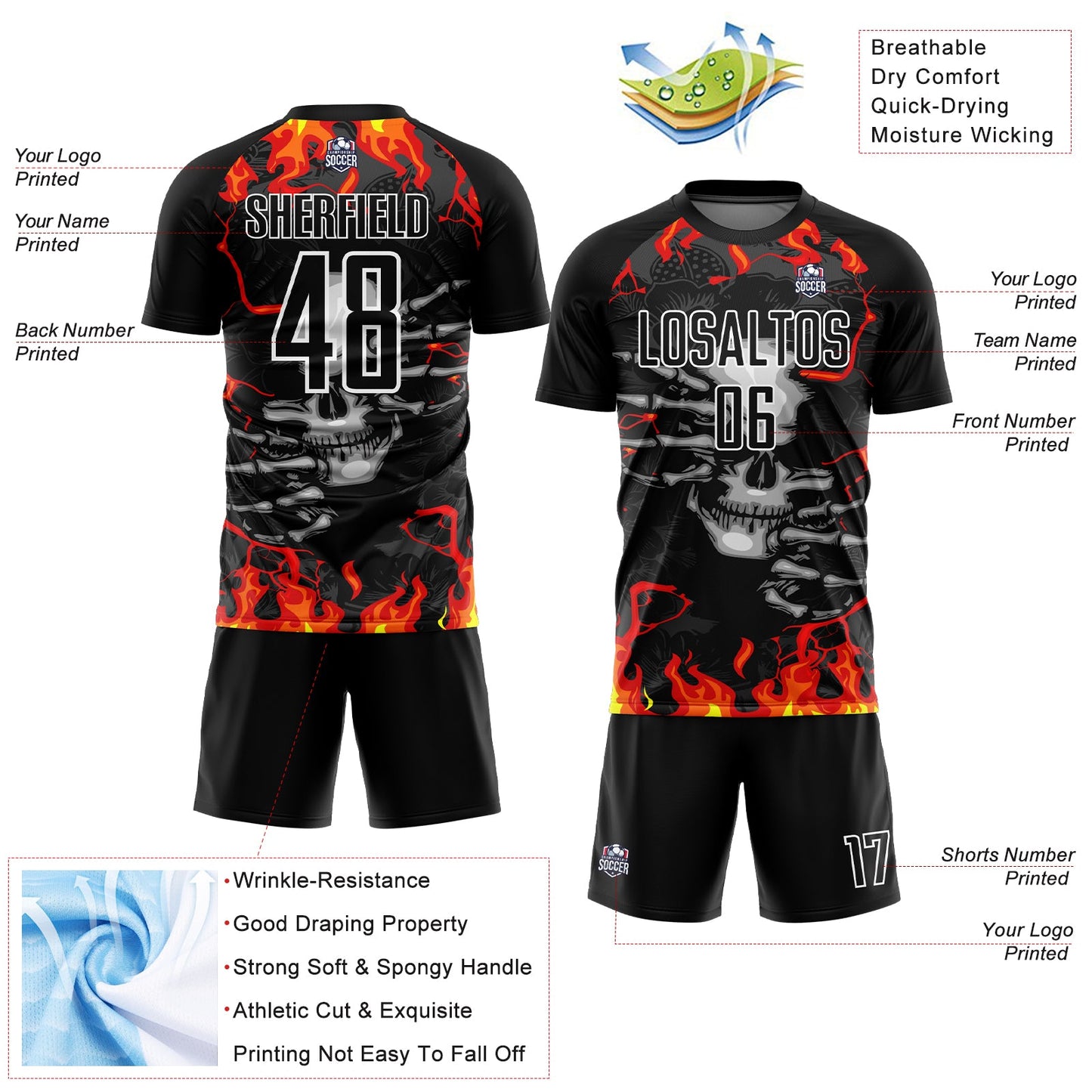 Custom Black Red-Gold Skull Flame Sublimation Soccer Uniform Jersey view 4