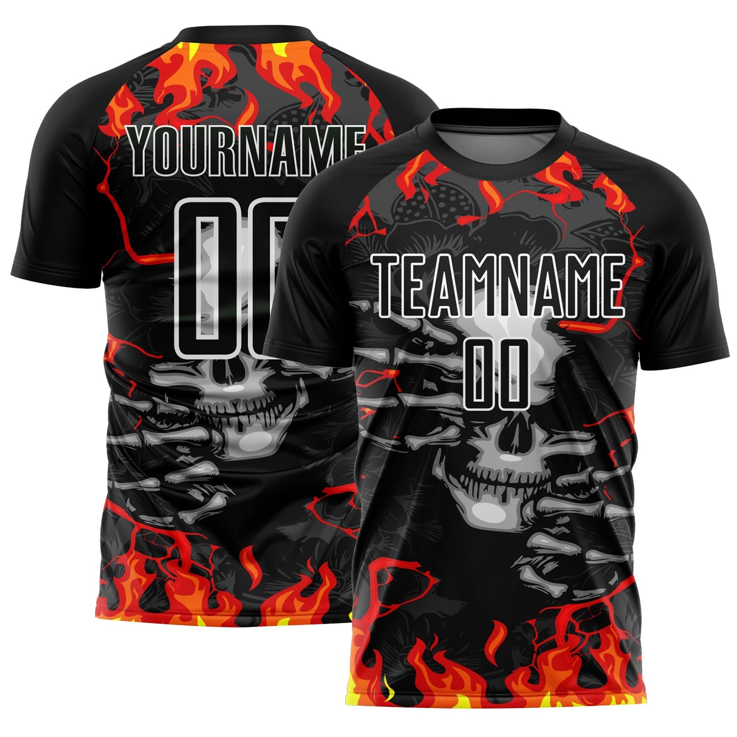 Custom Black Red-Gold Skull Flame Sublimation Soccer Uniform Jersey - Main View