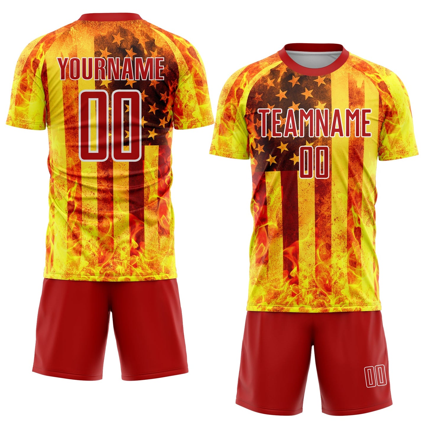 Custom Light Yellow Red-White American Flag Flame Sublimation Soccer Uniform Jersey view 2