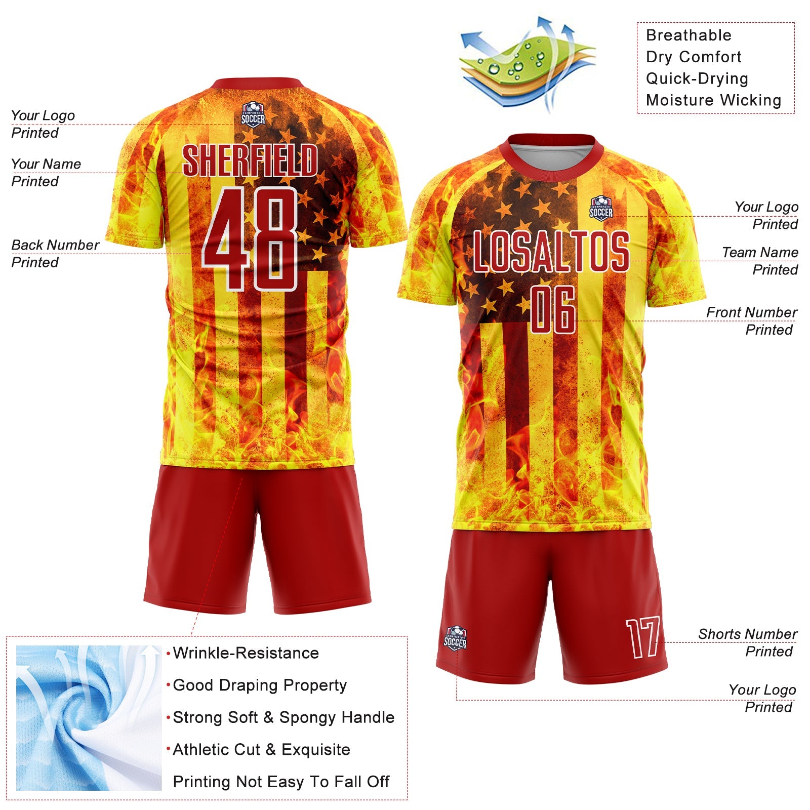 Custom Light Yellow Red-White American Flag Flame Sublimation Soccer Uniform Jersey view 4