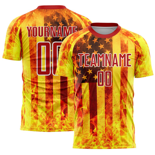 Custom Light Yellow Red-White American Flag Flame Sublimation Soccer Uniform Jersey - Main View