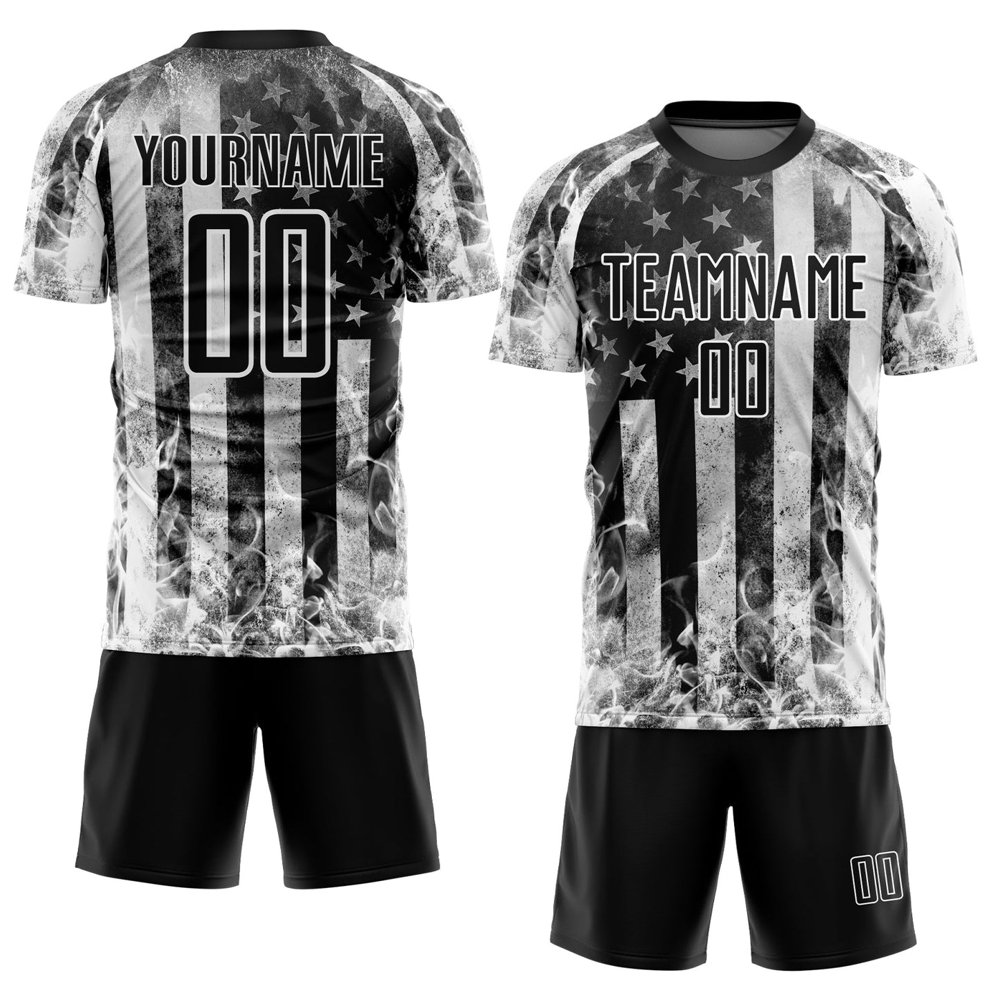Custom Black Gray-White American Flag Flame Sublimation Soccer Uniform Jersey view 2