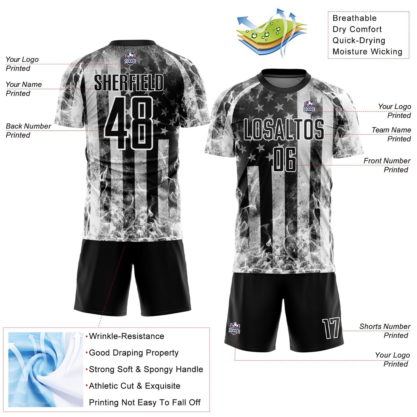 Custom Black Gray-White American Flag Flame Sublimation Soccer Uniform Jersey view 4